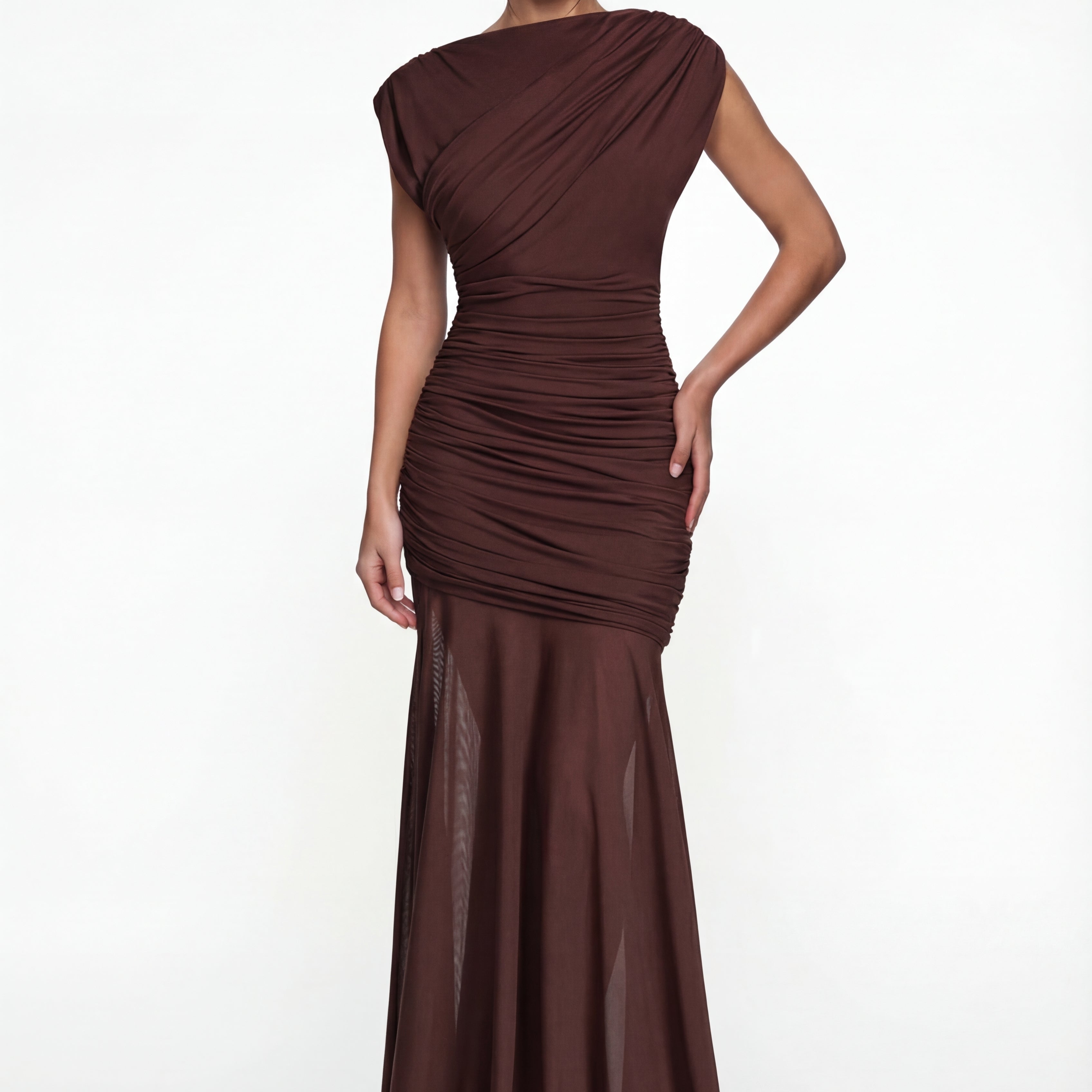 Amaya Sculpted Drape Maxi Dress - Brown