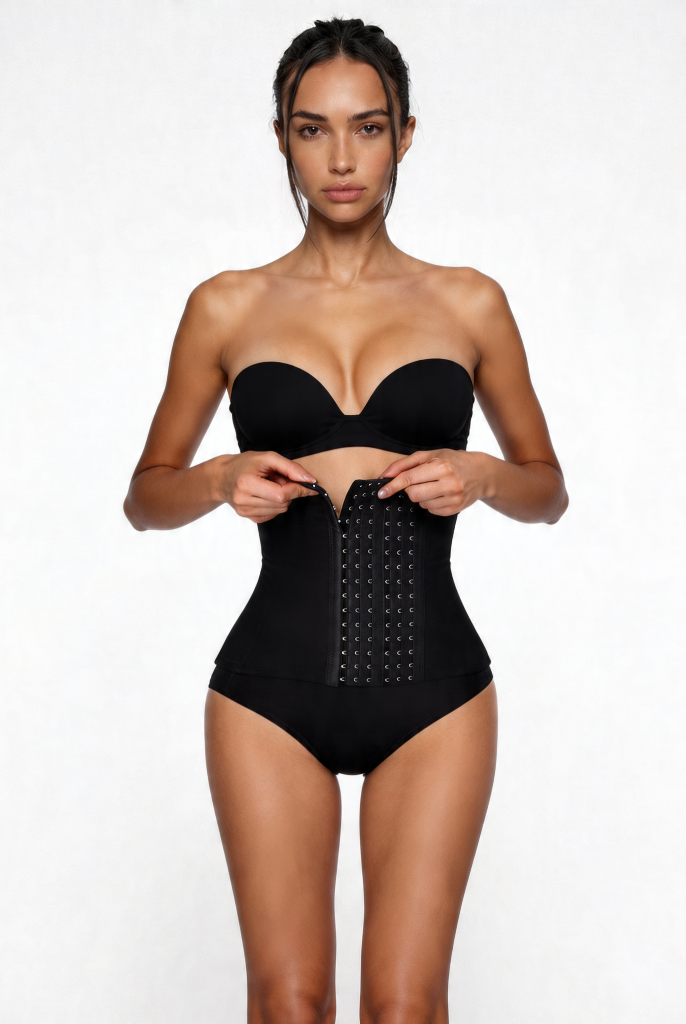 Woman wearing a black waist trainer against a white background