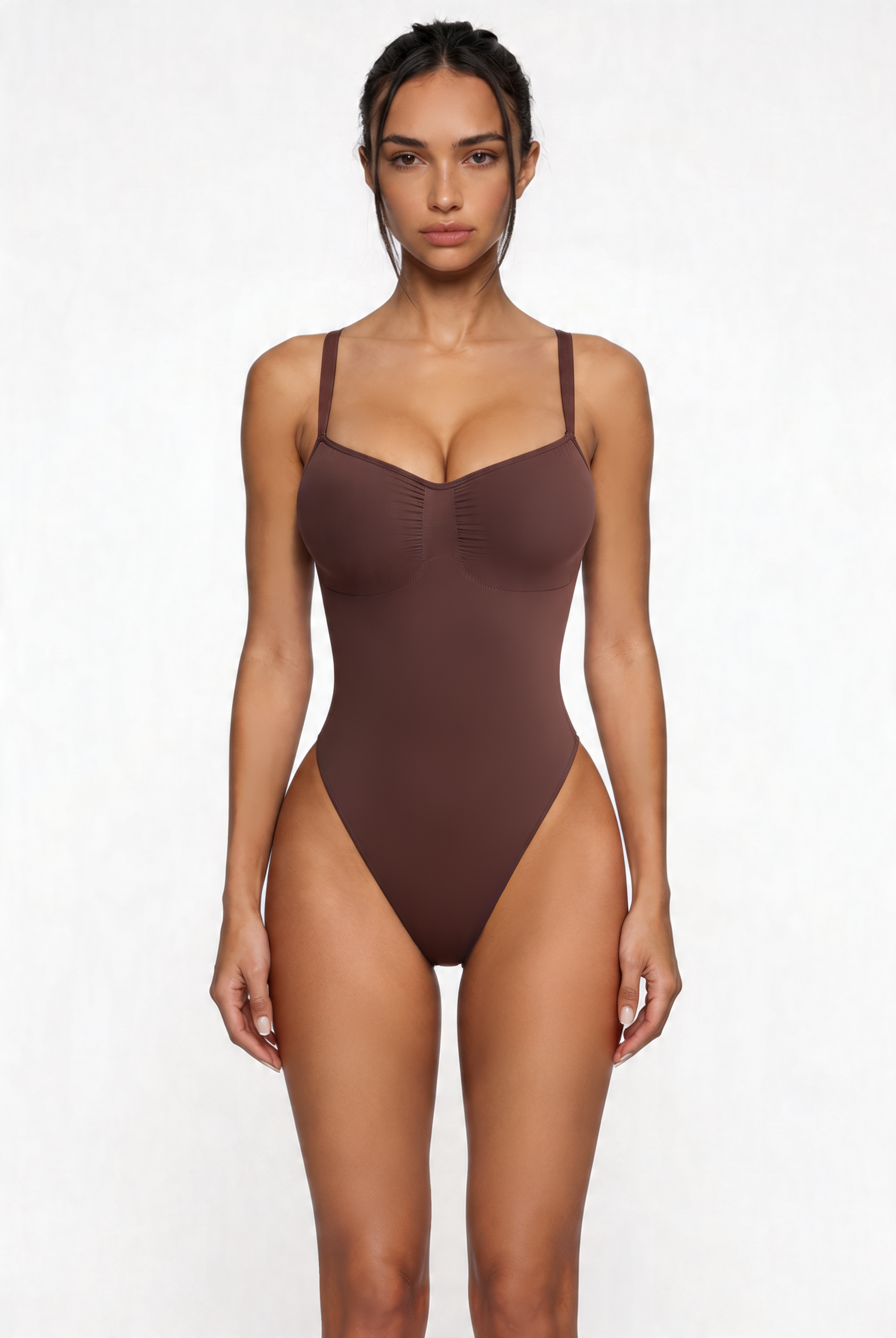 Woman wearing a brown bodyshaper against a white background