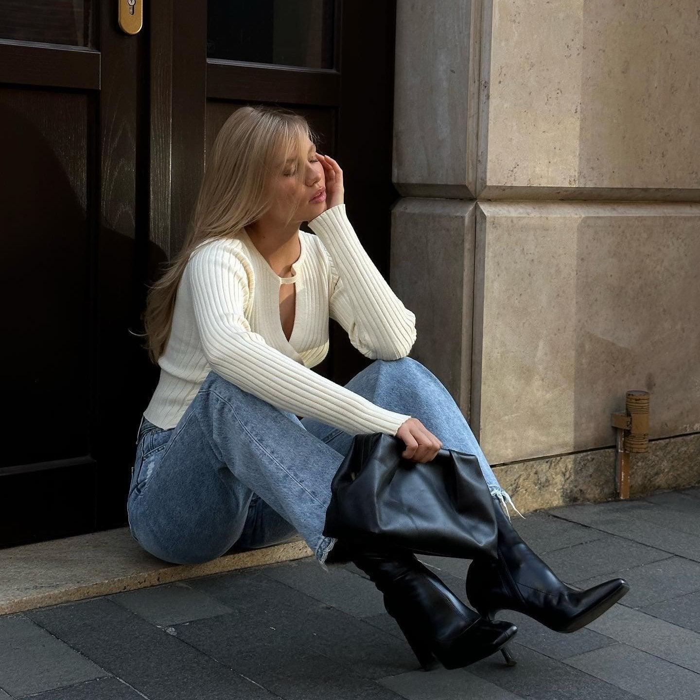 Abriella V-Neck Ribbed Top - Beige / S - Be My Shine