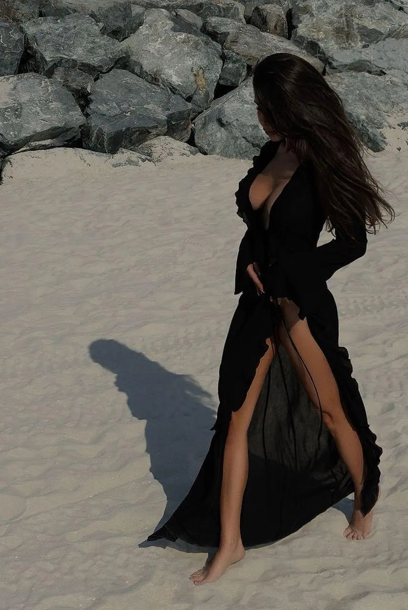 Liliana Ruffle Long Sleeve Beach Maxi Dress - black / s - Be My Shine