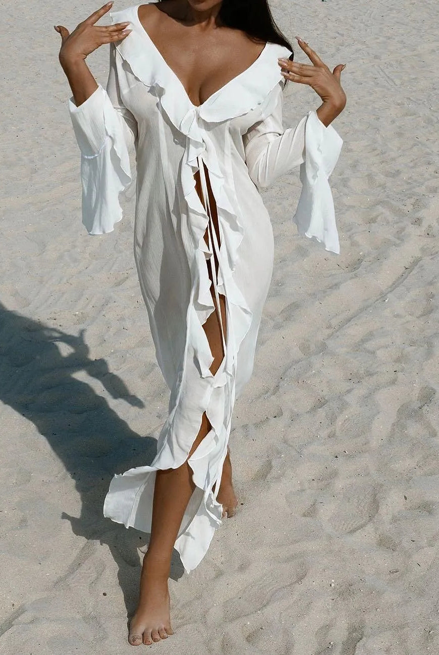 Liliana Ruffle Long Sleeve Beach Maxi Dress - pink / s - Be My Shine