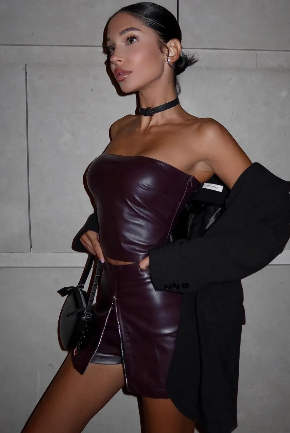 Aisla Faux Leather Two Piece Set - Burgundy / S - Be My Shine