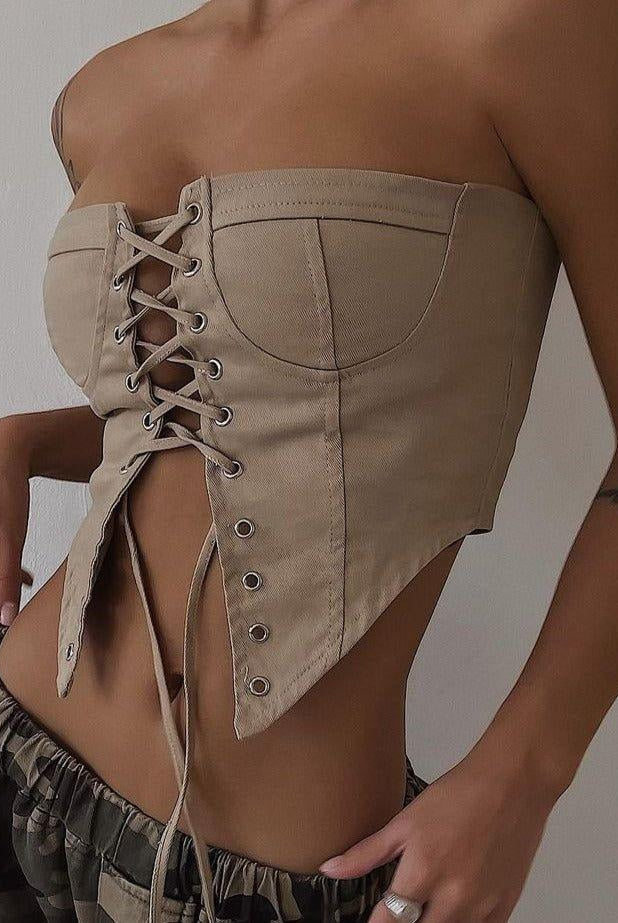 Alba Vintage Lace Up Corset Top - S / Khaki - Be My Shine