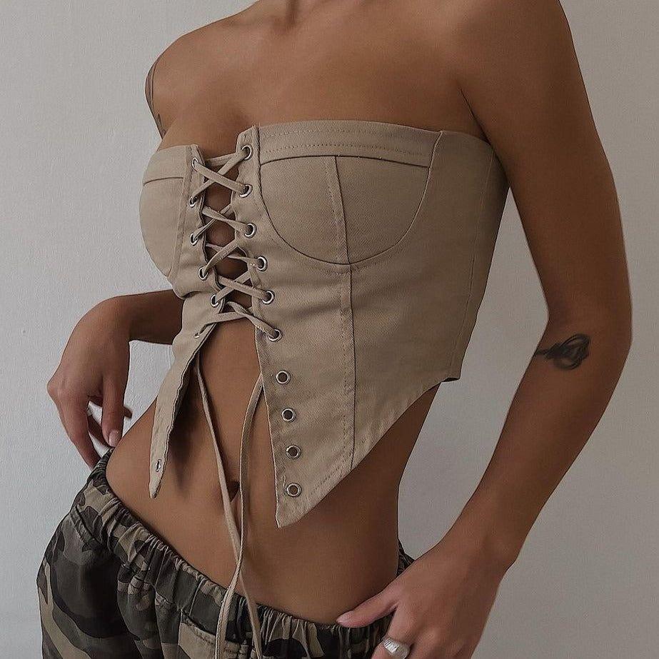 Alba Vintage Lace Up Corset Top - S / Khaki - Be My Shine