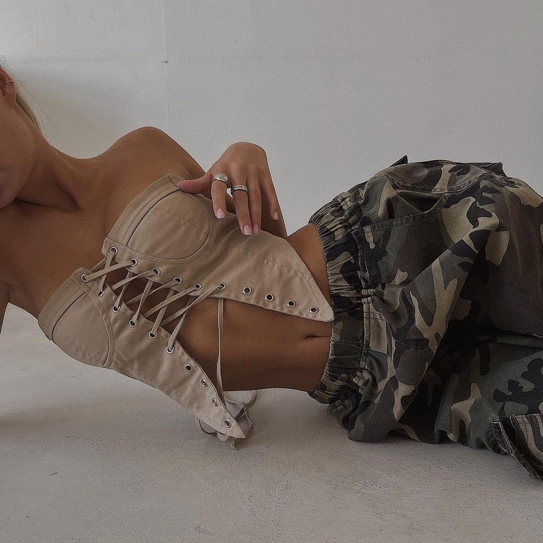 Alba Vintage Lace Up Corset Top - S / Khaki - Be My Shine