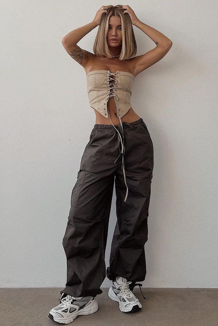 Alba Vintage Lace Up Corset Top - S / Khaki - Be My Shine