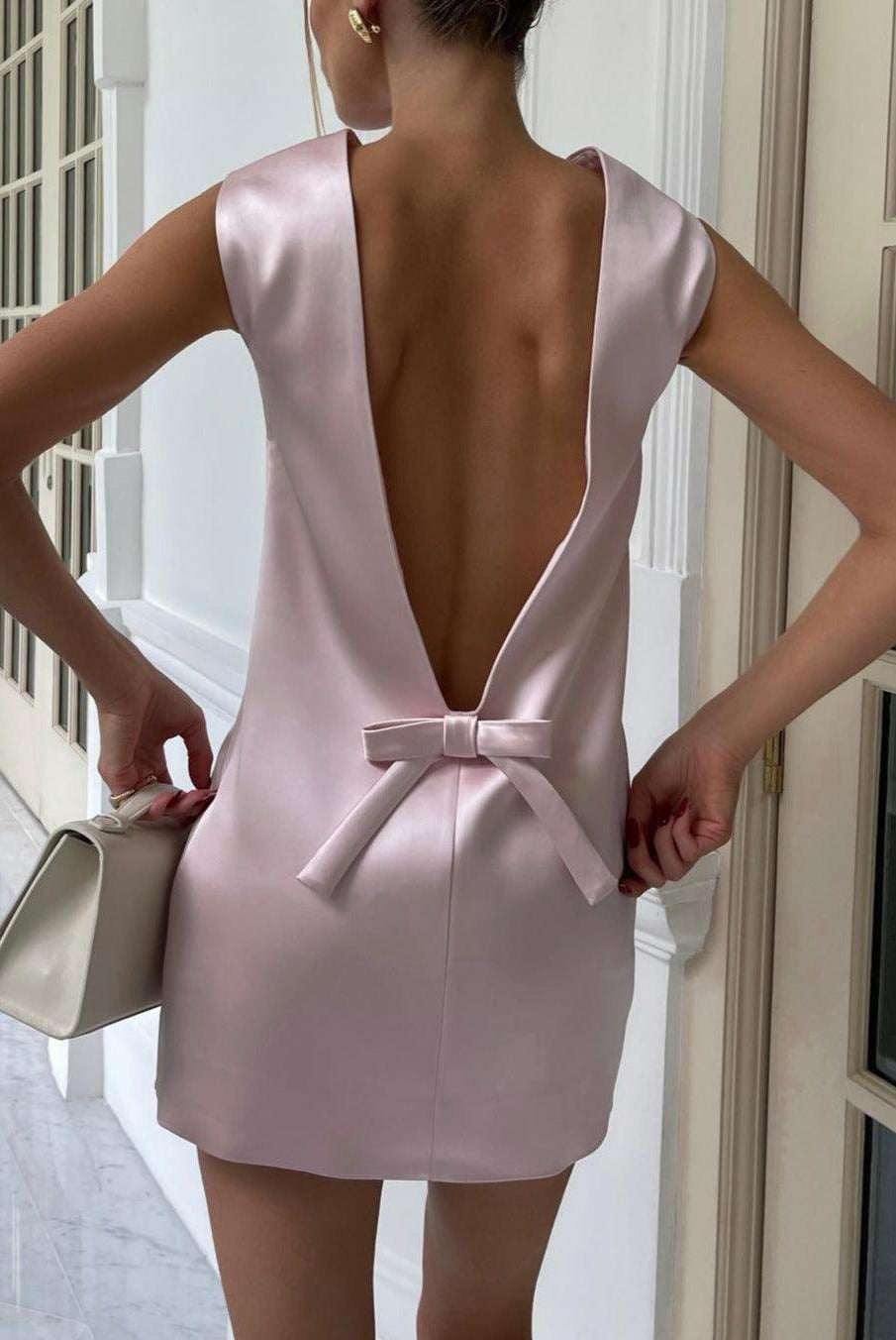 Aniela Bow Backless Satin Mini Dress - Pink / S - Be My Shine