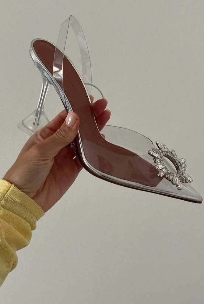 Ashira Pointed Toe Crystal Brooch Heels - 3.5 in (9 cm) / 3 / Clear - Be My Shine