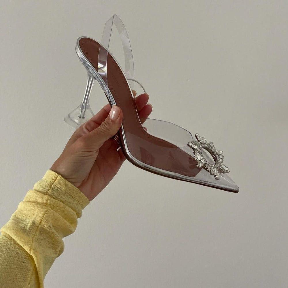 Ashira Pointed Toe Crystal Brooch Heels - 3.5 in (9 cm) / 3 / Clear - Be My Shine