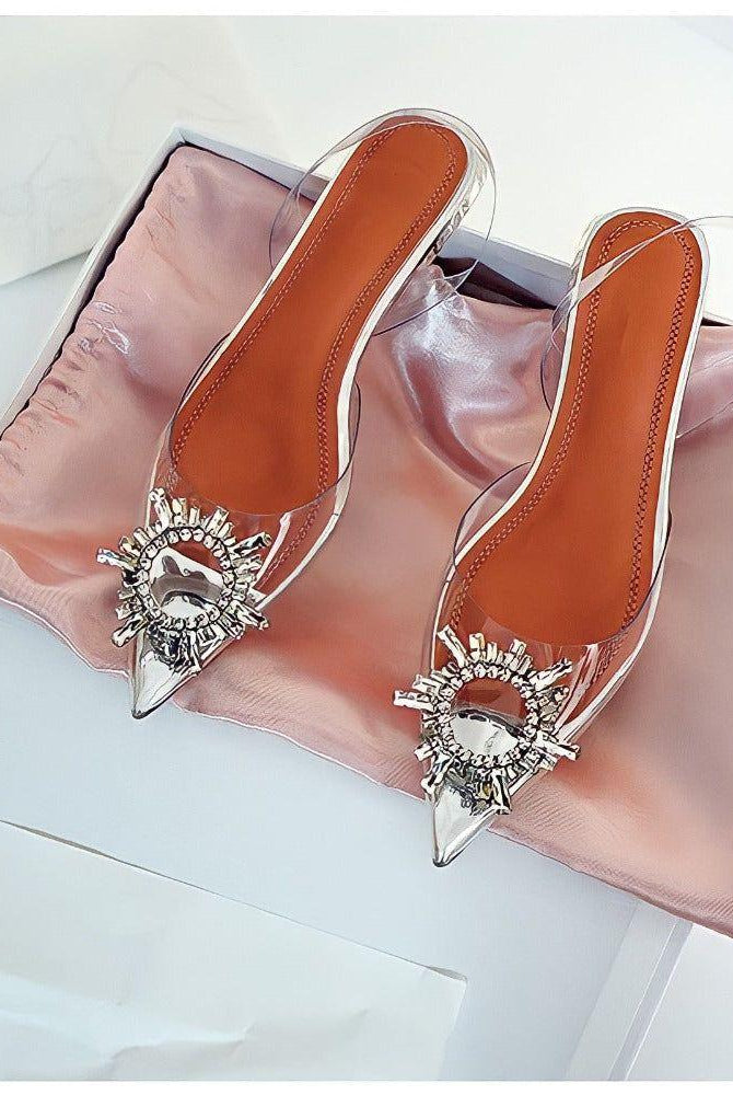 Ashira Pointed Toe Crystal Brooch Heels - 3.5 in (9 cm) / 3 / Clear - Be My Shine
