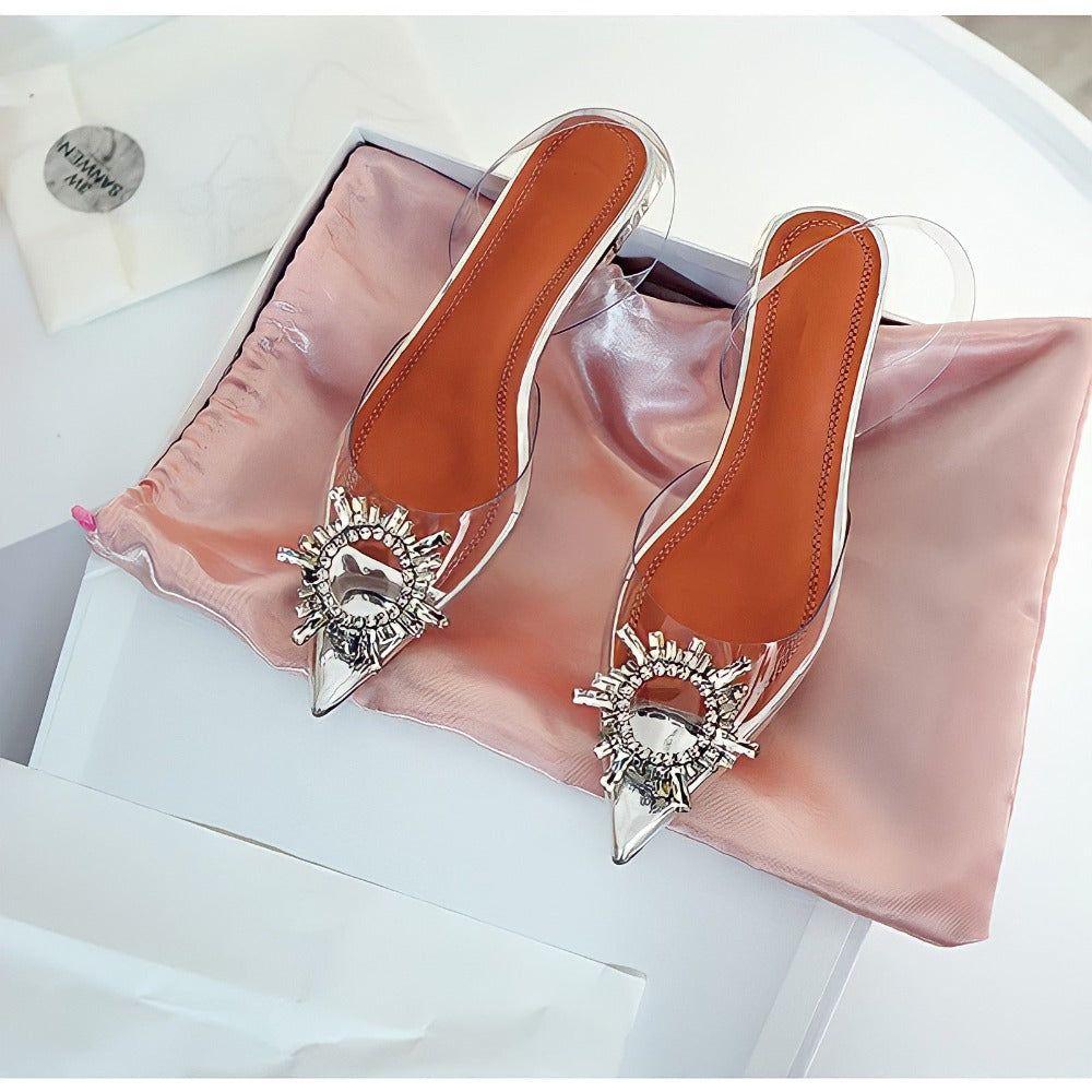 Ashira Pointed Toe Crystal Brooch Heels - 3.5 in (9 cm) / 3 / Clear - Be My Shine