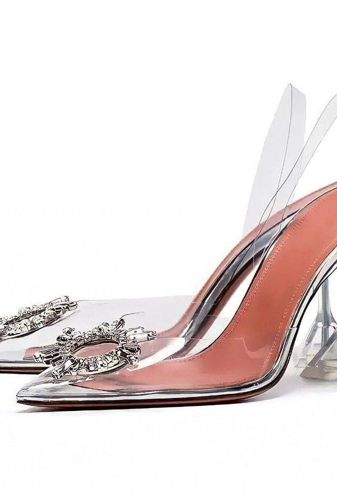 Ashira Pointed Toe Crystal Brooch Heels - 3.5 in (9 cm) / 3 / Clear - Be My Shine