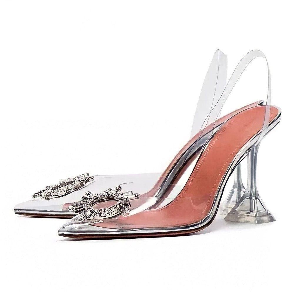 Ashira Pointed Toe Crystal Brooch Heels - 3.5 in (9 cm) / 3 / Clear - Be My Shine