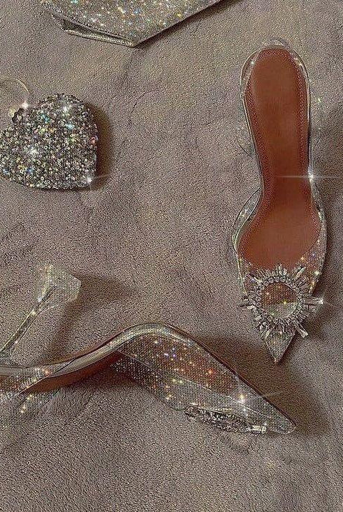 Ashira Pointed Toe Crystal Brooch Heels - 3.5 in (9 cm) / 3 / Clear - Be My Shine