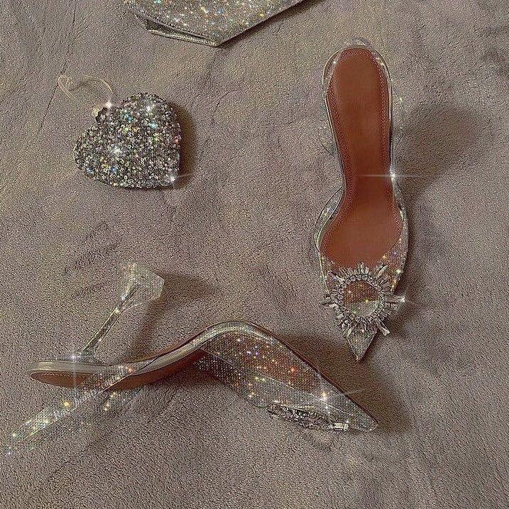 Ashira Pointed Toe Crystal Brooch Heels - 3.5 in (9 cm) / 3 / Clear - Be My Shine