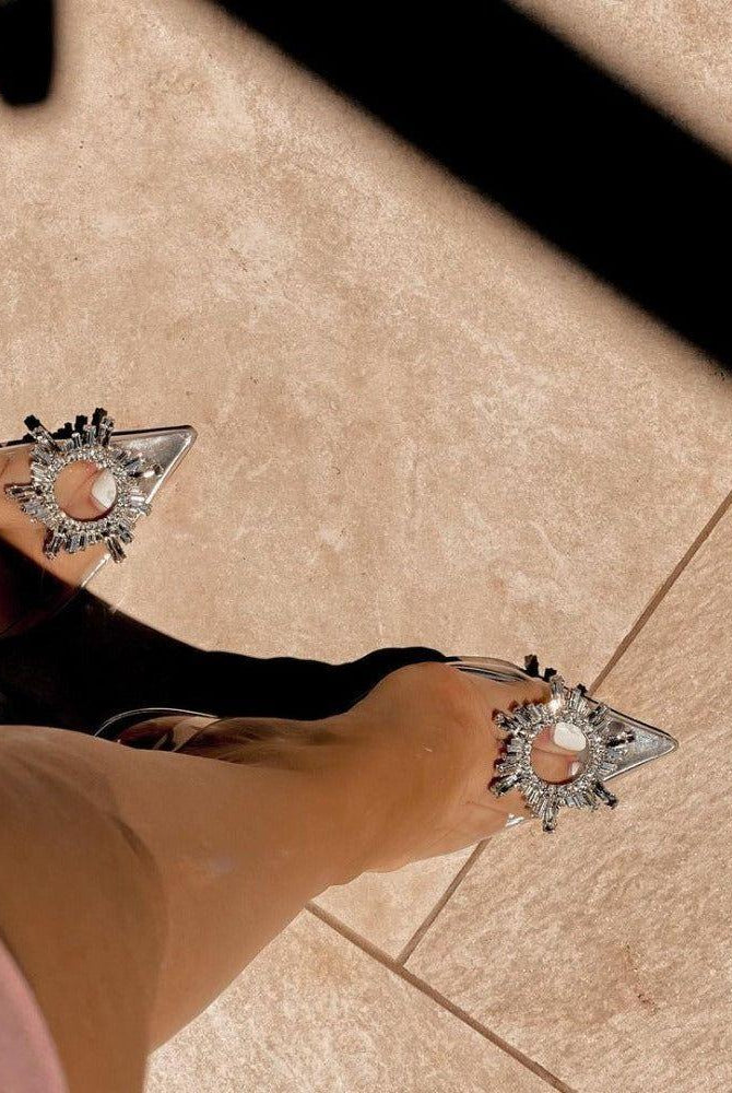 Ashira Pointed Toe Crystal Brooch Heels - 3.5 in (9 cm) / 3 / Clear - Be My Shine