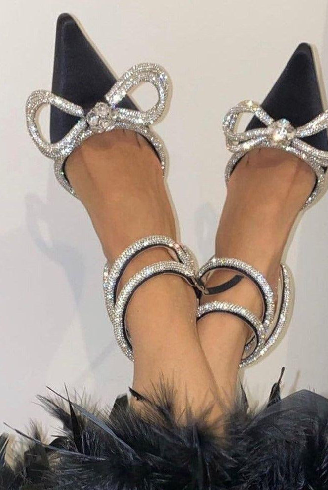 Aurora Diamante Double Bow Satin Heels - Black / 5 - Be My Shine