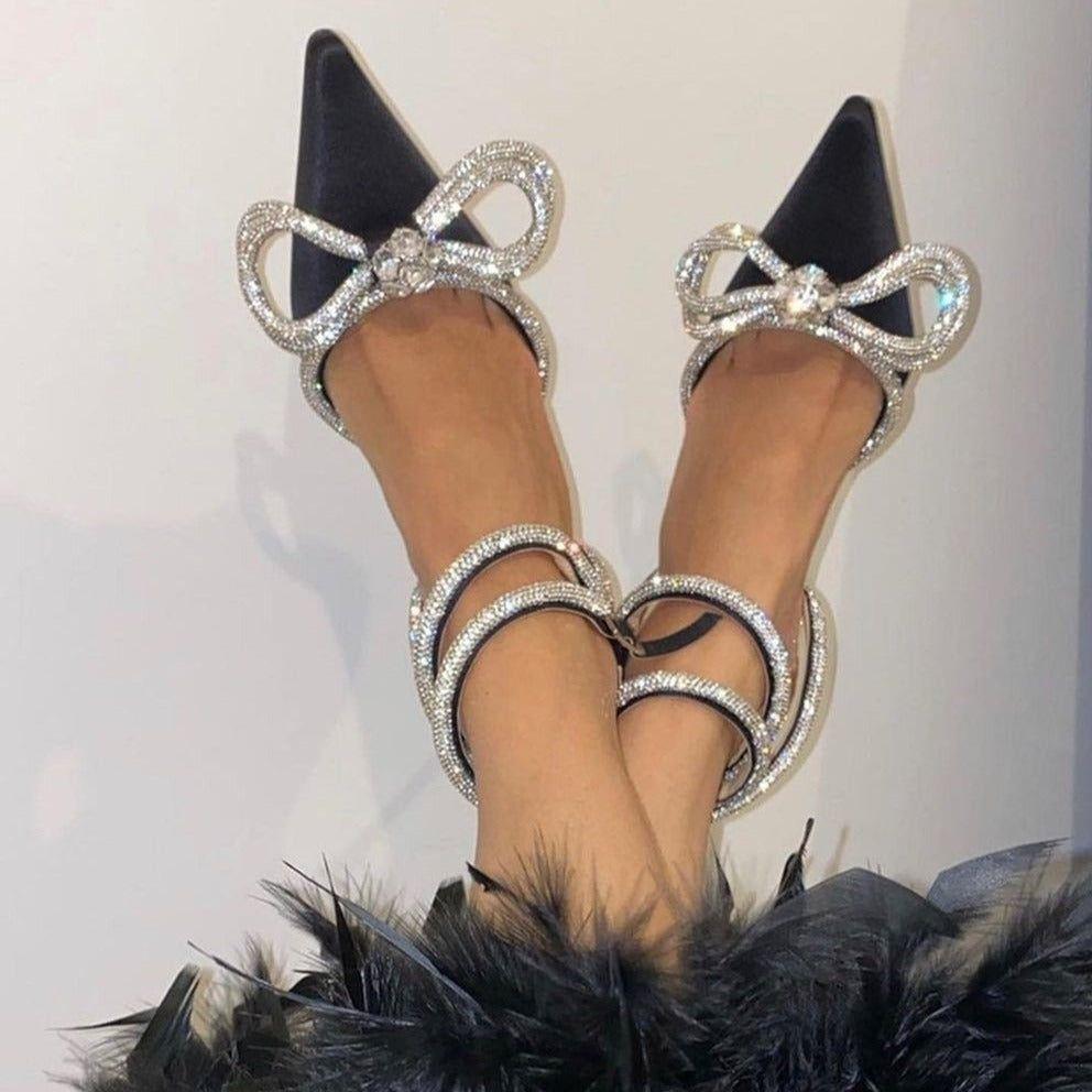 Aurora Diamante Double Bow Satin Heels - Black / 5 - Be My Shine