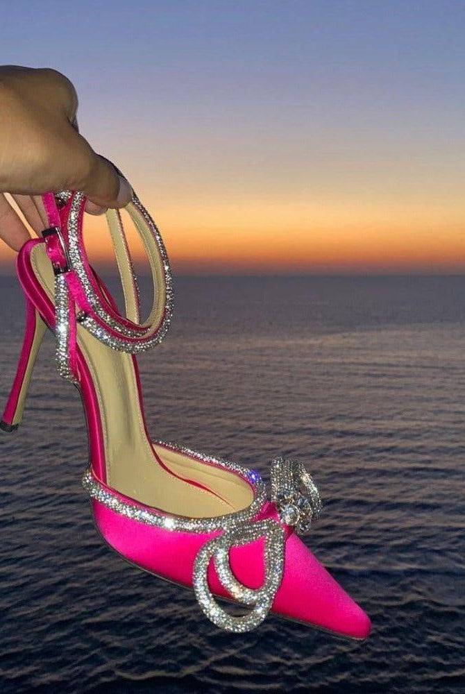 Aurora Diamante Double Bow Satin Heels - Rose / 5 - Be My Shine