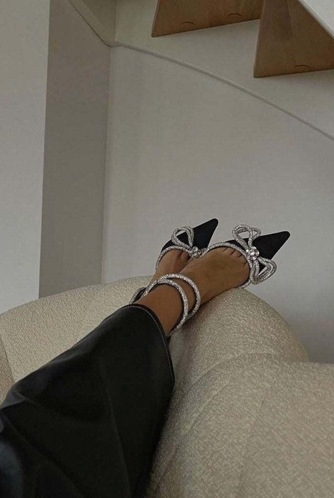 Aurora Diamante Double Bow Satin Heels - Black / 5 - Be My Shine