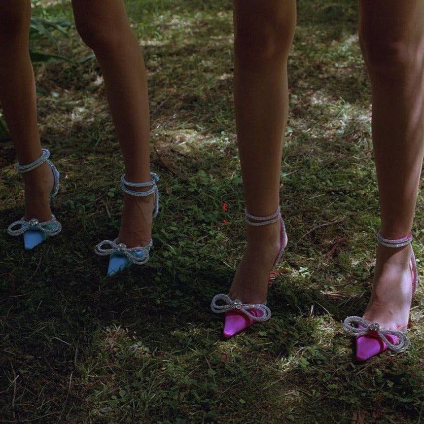 Aurora Diamante Double Bow Satin Heels - Black / 5 - Be My Shine