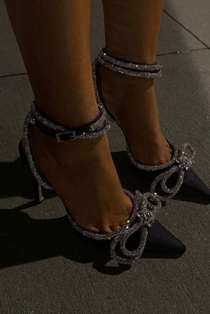 Aurora Diamante Double Bow Satin Heels - Black / 5 - Be My Shine