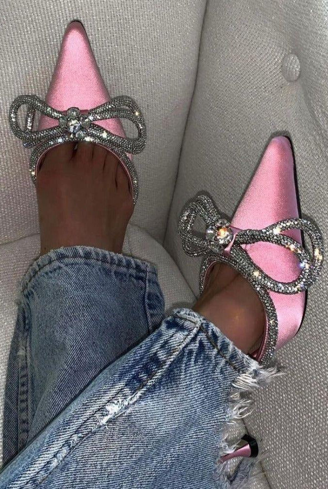 Aurora Diamante Double Bow Satin Heels - Pink / 5 - Be My Shine