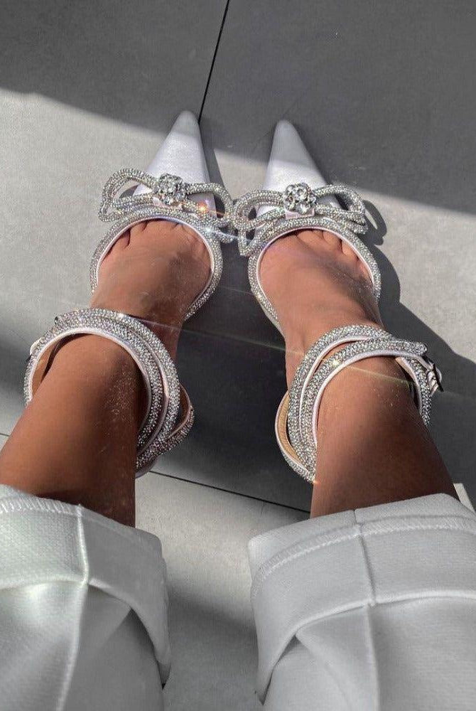 Aurora Diamante Double Bow Satin Heels - White / 5 - Be My Shine