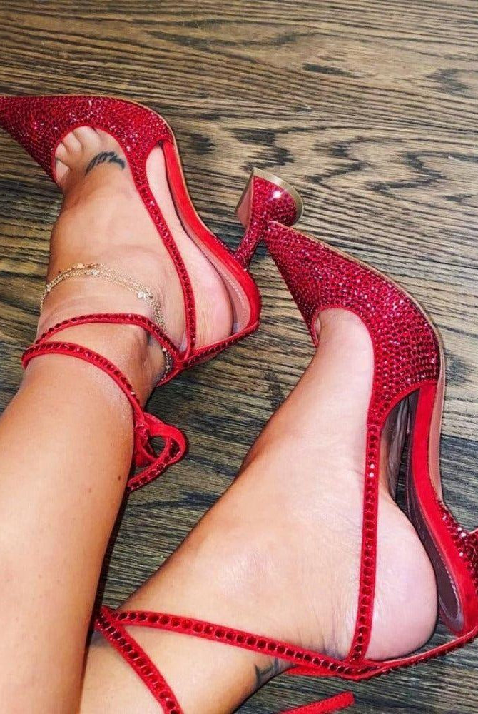 Aylin Crystal Lace Up Heels - Red / 4 - Be My Shine