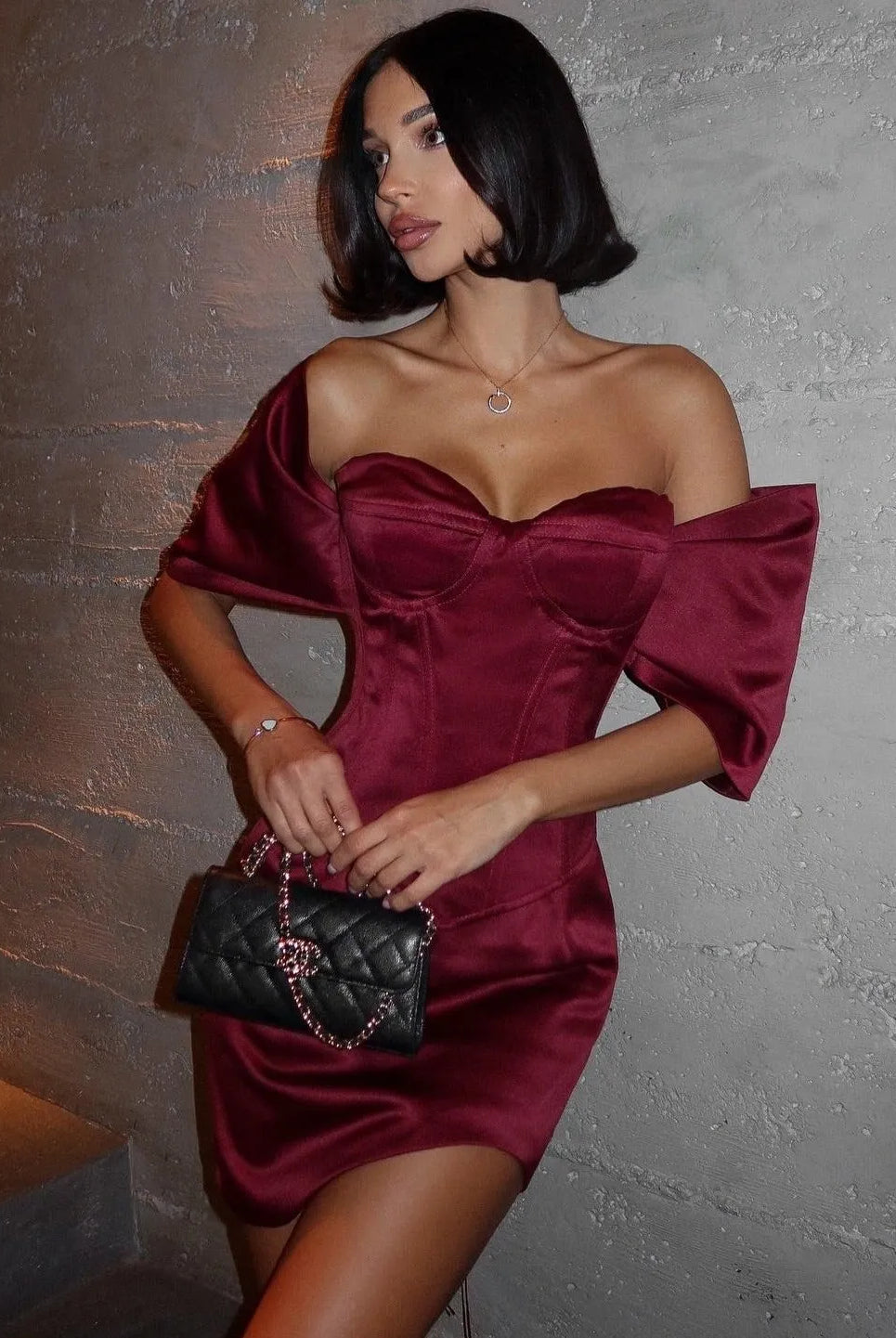 Bronwen Off Shoulder Silky Satin Mini Dress - Burgundy / S - Be My Shine