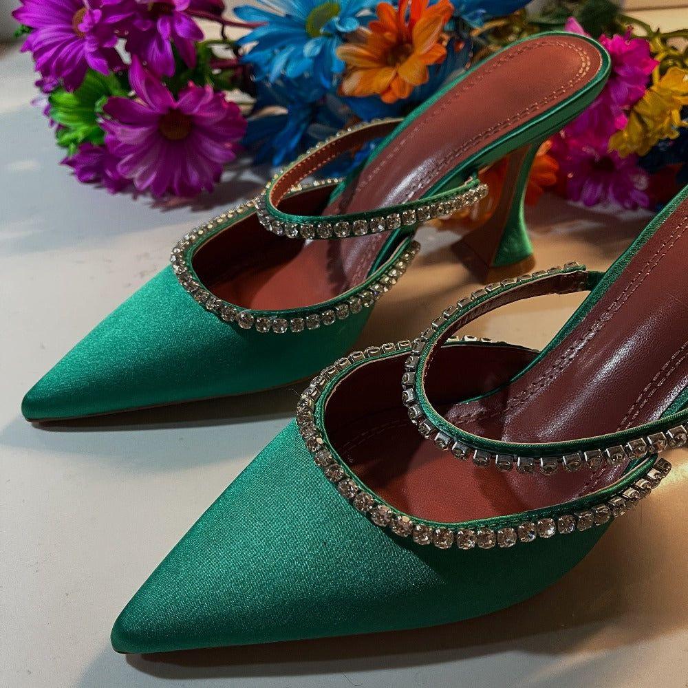 Caterina Crystal Embellished Satin Heels - Green / 4 - Be My Shine