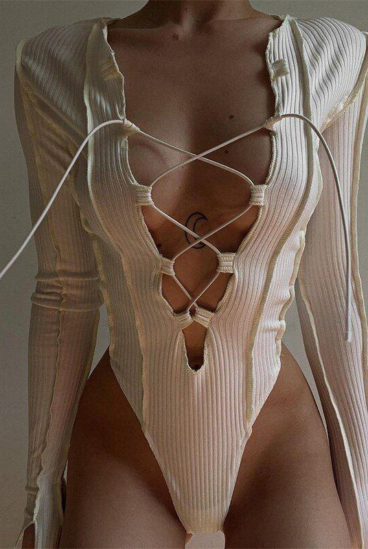 Caya Ribbed Lace Up Bodysuit - White / S - Be My Shine