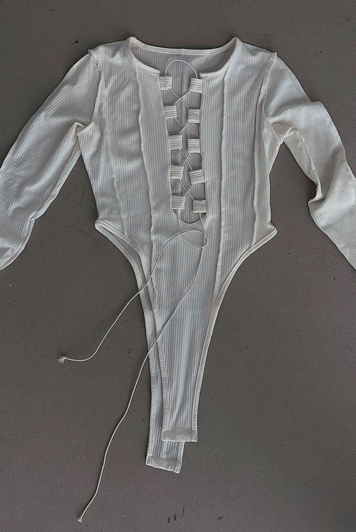Caya Ribbed Lace Up Bodysuit - White / S - Be My Shine