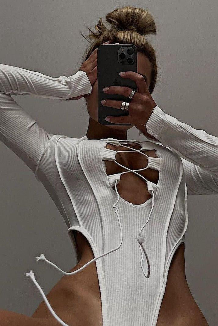 Caya Ribbed Lace Up Bodysuit - White / S - Be My Shine