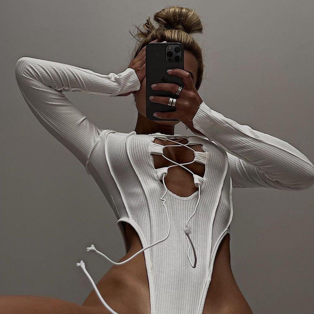 Caya Ribbed Lace Up Bodysuit - White / S - Be My Shine