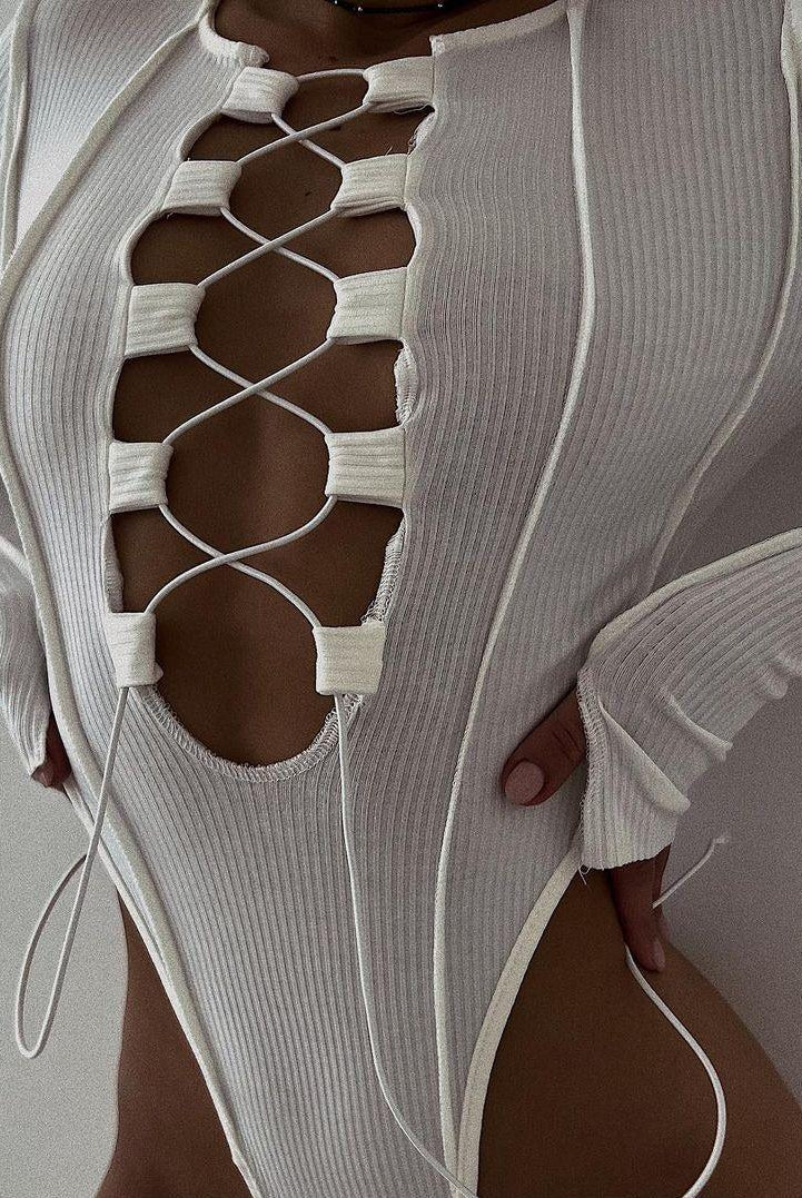 Caya Ribbed Lace Up Bodysuit - White / S - Be My Shine