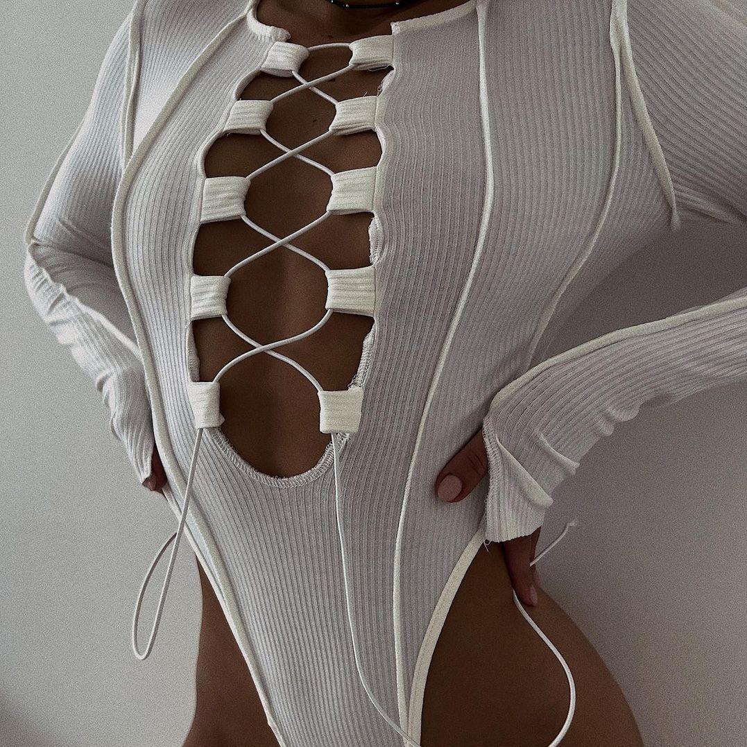 Caya Ribbed Lace Up Bodysuit - White / S - Be My Shine