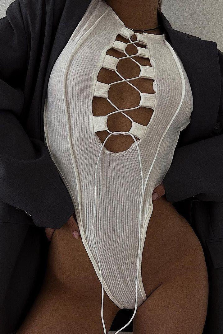 Caya Ribbed Lace Up Bodysuit - White / S - Be My Shine