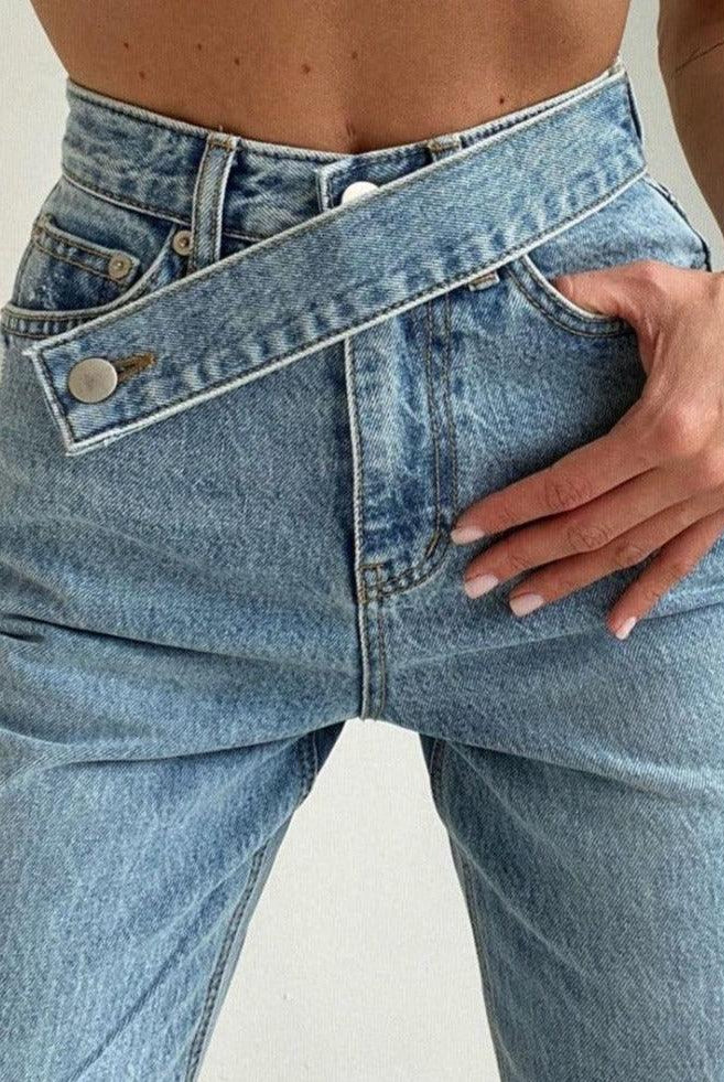 Domenica High Waisted Cross-Belt Design Jeans - Blue / XS - Be My Shine