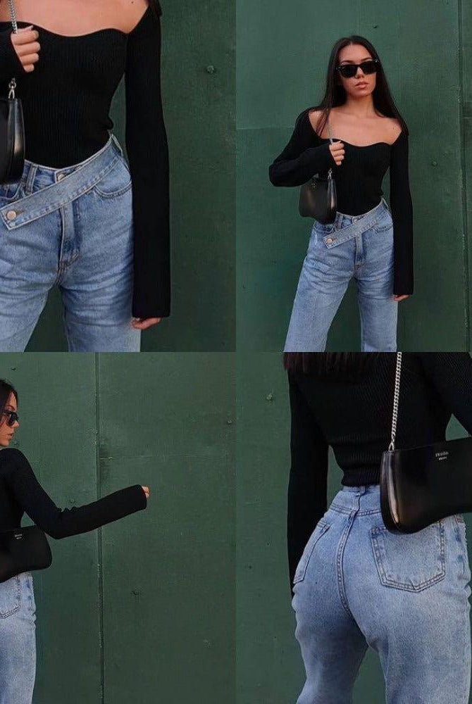 Domenica High Waisted Cross-Belt Design Jeans - Blue / XS - Be My Shine