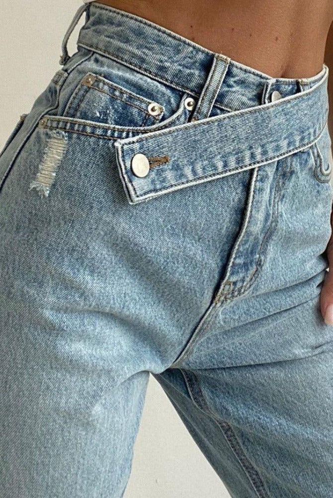 Domenica High Waisted Cross-Belt Design Jeans - Blue / XS - Be My Shine