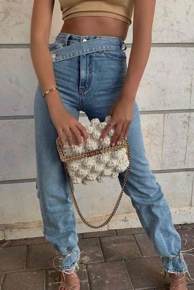 Domenica High Waisted Cross-Belt Design Jeans - Blue / XS - Be My Shine