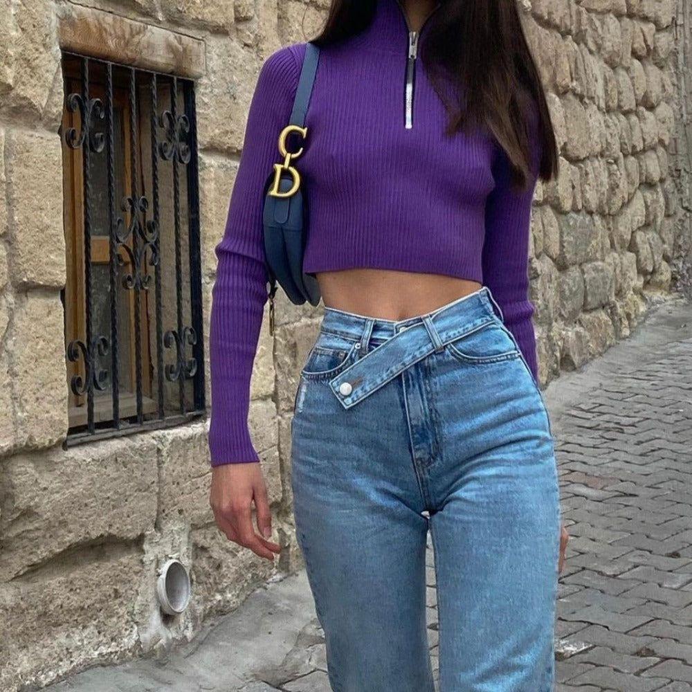 Domenica High Waisted Cross-Belt Design Jeans - Blue / XS - Be My Shine