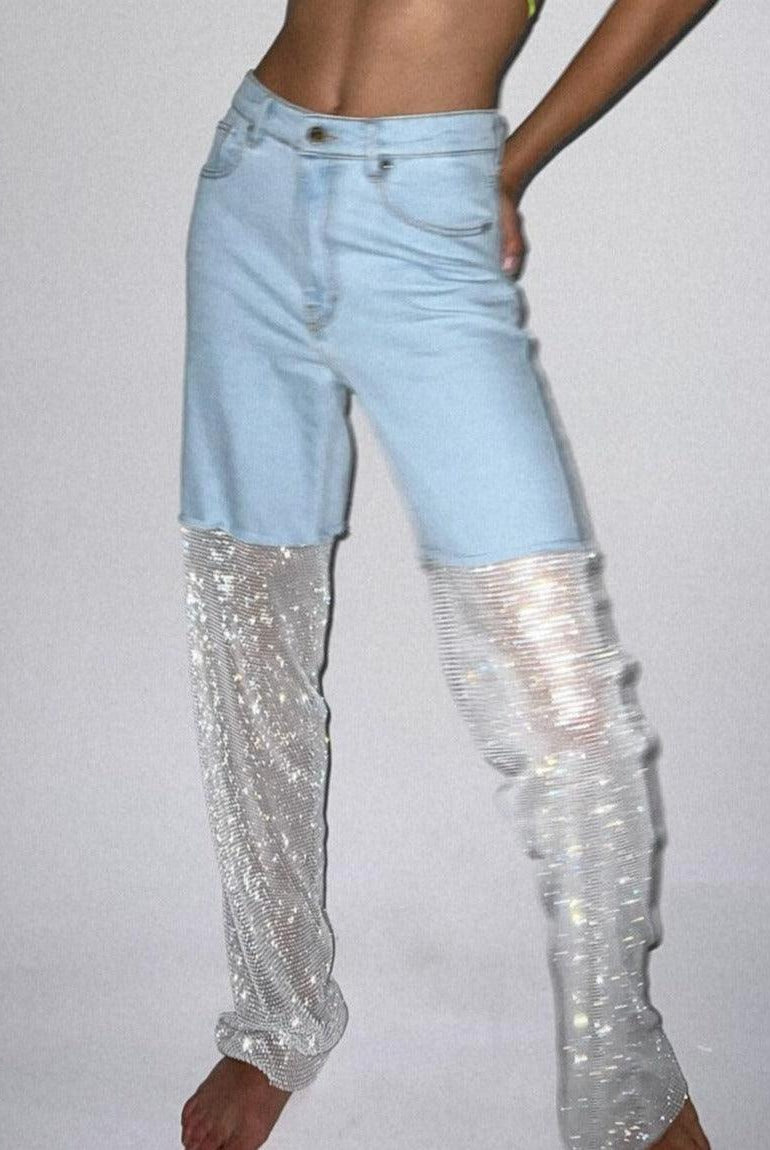 Emmanuelle Crystal Mesh Wide Leg Jeans - Blue / S - Be My Shine