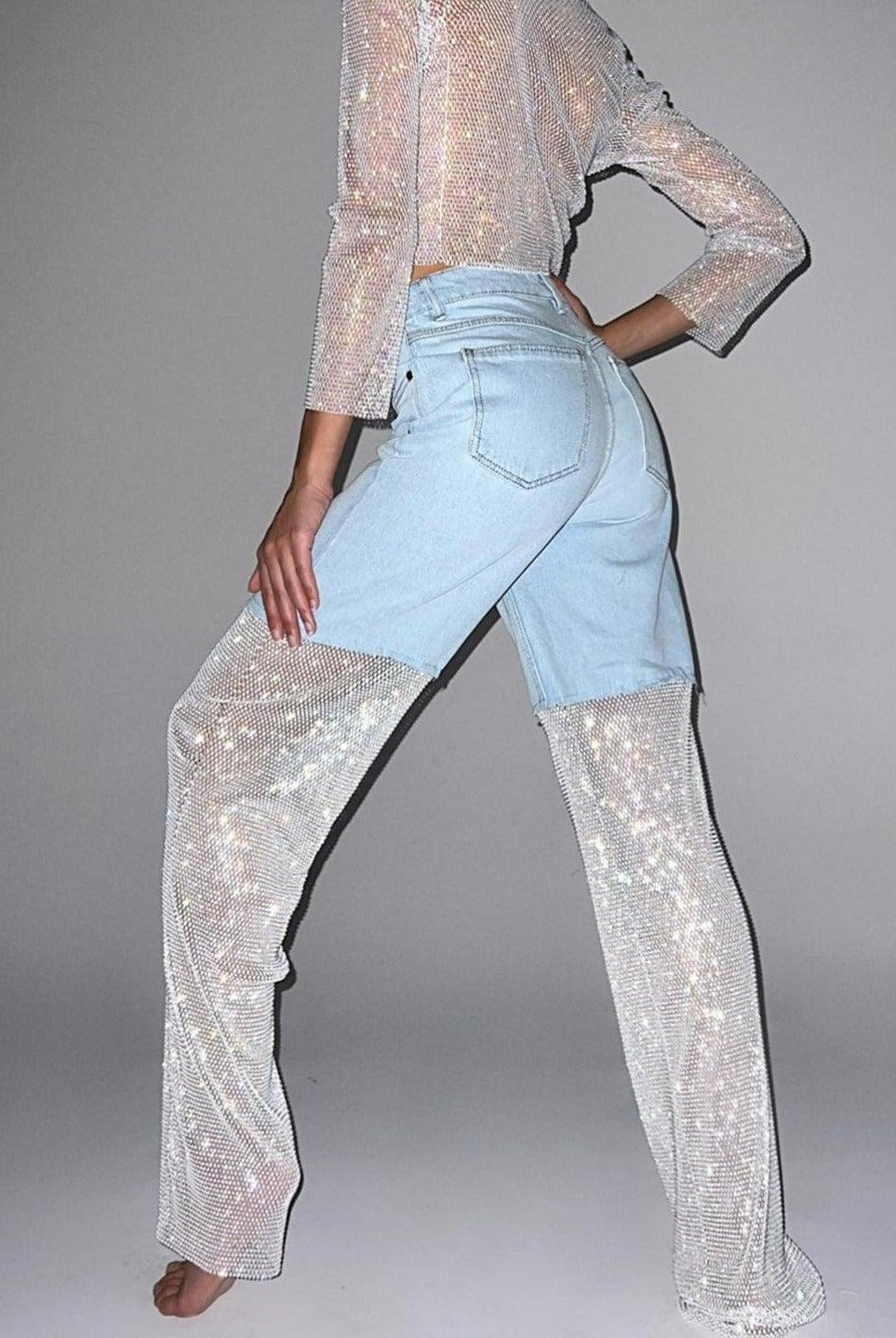Emmanuelle Crystal Mesh Wide Leg Jeans - Blue / S - Be My Shine