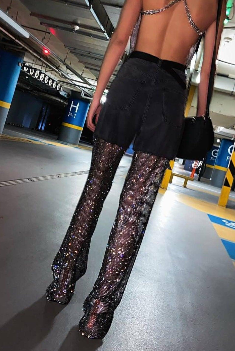 Emmanuelle Crystal Mesh Wide Leg Jeans - Blue / S - Be My Shine