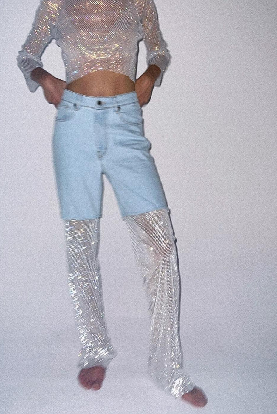 Emmanuelle Crystal Mesh Wide Leg Jeans - Blue / S - Be My Shine