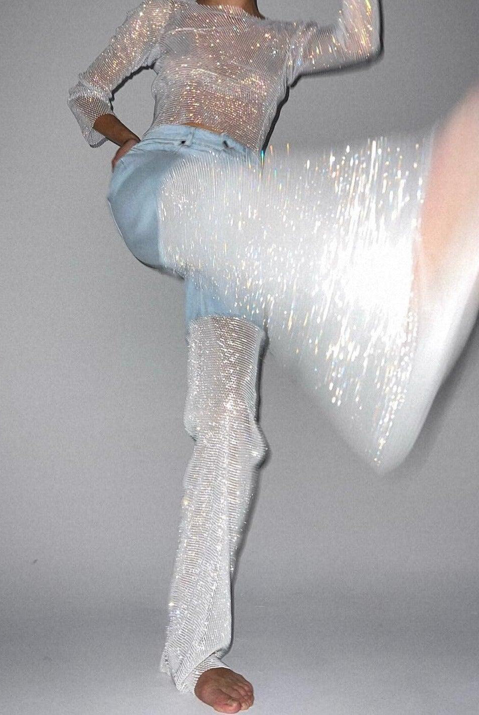 Emmanuelle Crystal Mesh Wide Leg Jeans - Blue / S - Be My Shine