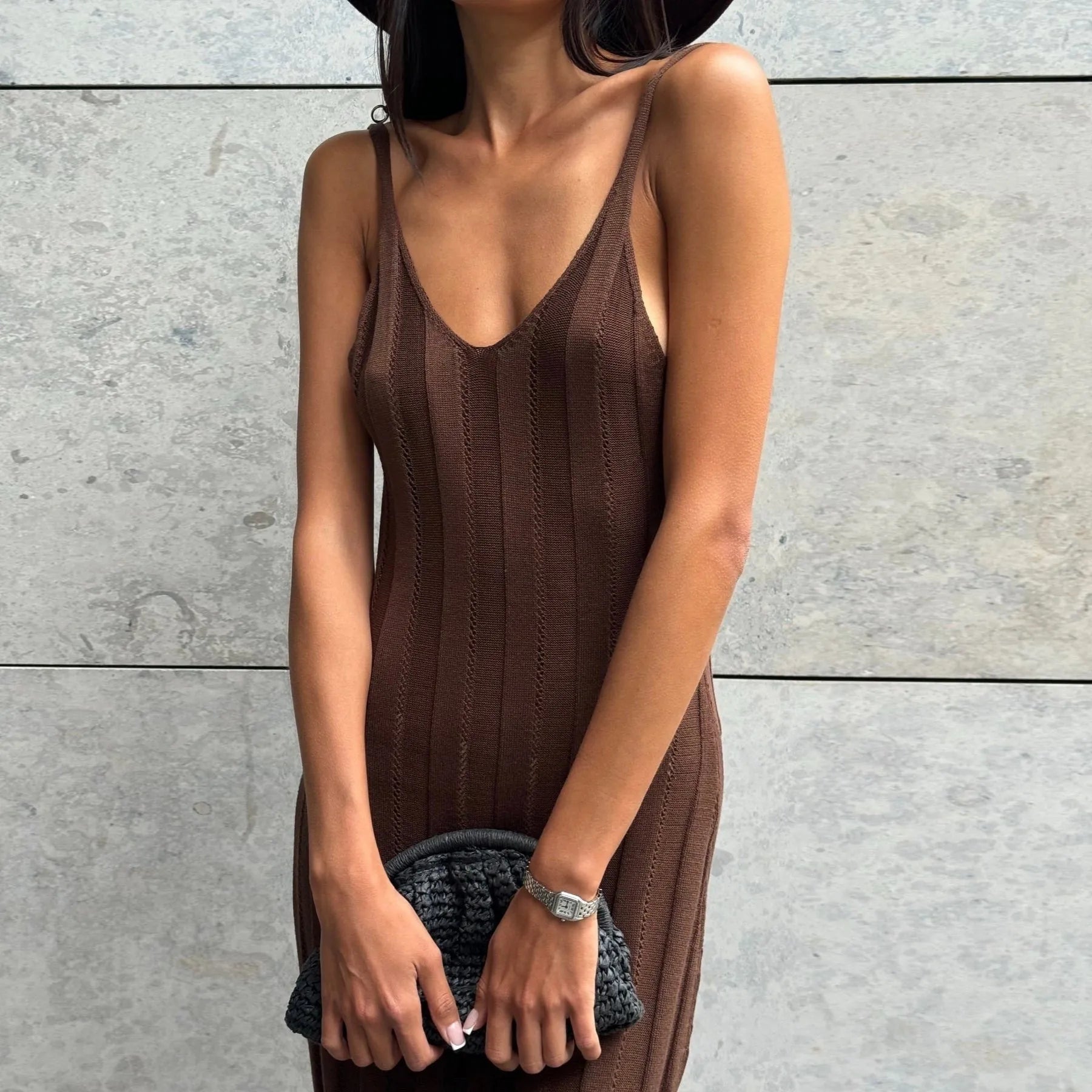 Evanna Knitted Backless Maxi Dress - Brown / S - Be My Shine